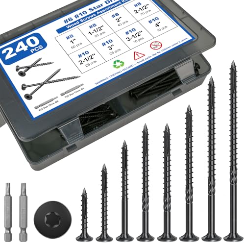 #8#10 Wood Screws Assortment Kit, 240Pcs 8Sizes Screws Set Assorted Screws Black #8#10 (8Sizes)