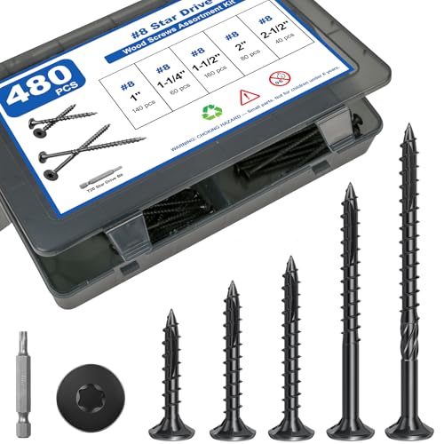 #8 Wood Screws Assortment Kit, 480Pcs 5Sizes Screws Set Assorted Screws #8(5Sizes)—480pcs
