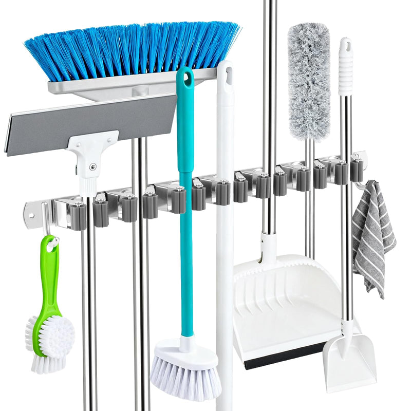 Broom Holder Wall, 7 Holders + 2 Hooks Garden Tools Holder, Wall Mount Broom 304 Stainless Steel Garden Tool Holder for Broom Holder, Device Holder Wall, Self-Adhesive Hanging Garden Tools
