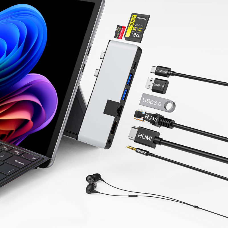 Surface Pro 12 2025 Hub USB C, Surface Pro 12 Hdmi Adapter with 4K HDMI, Thunerbolt 4 (8K Video+Data+100W PD), 2*USB 3.0, 3.5mm Audio, 1 * 100M Ethernet、SD/TF, Hub for Surface Pro 12 inch (2025) Slivery