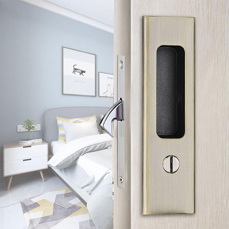 Hoconnie 6.3” Privacy Pocket Door Lock Hardware, Sliding Door Lock, Bathroom Mortise Lock, Invisible Furniture Hardware for 1-7/16” ~ 1-15/16” Thickness Door Bronze 6.3''-Keyless
