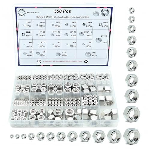 550 Pack SAE & Metric Hex Nuts Kit, 304 Stainless Steel Metric and SAE (550Pcs)
