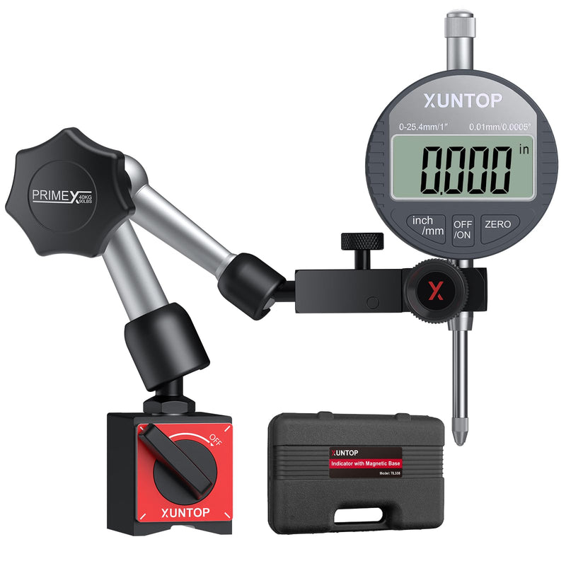 XUNTOP Magnetic Base Digital Dial Gauge Micrometer with Universal Magnetic Base 0~25.4 mm LCD Display Imperial/Metric for Laboratory Workshop