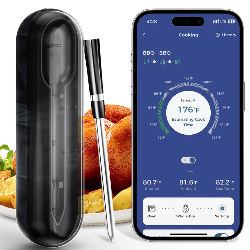 Smart Bluetooth Wireless Meat Thermometer, 800FT Remote Monitoring,Up to 72 Hours of Power, Dual Alarm, Accurate ±0.9°F Food Thermometer for Oven, Grill, Smoker, BBQ, Turkey, Stocking Stuffers for Men BlackGrey