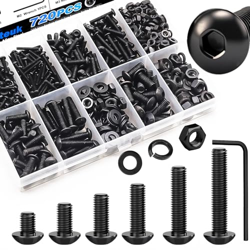 mxuteuk 720PCS M3 Screws Assortment Kit,6/8/10/12/16/20mm M3 Metric Screw,10.9 Grade Alloy Steel Metric Hex Button Head Cap Screws Nuts and Flat Washers for 3D Printing