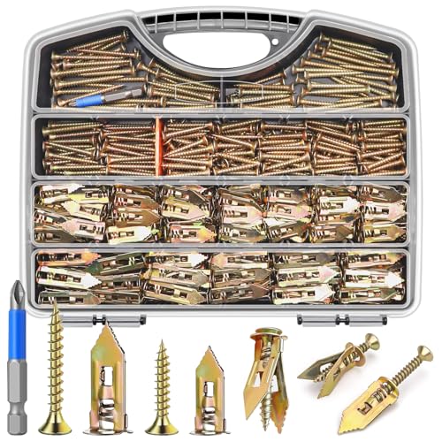480Pcs Self Drilling Drywall Anchors with Screws Kit, 2 Sizes Sheetrock Anchors & 4 Sizes Expansion Screws, Zinc Plated Steel Drywall Anchors No Drilling Required Holds Up to 66lbs 480Pcs - 6 Sizes-Gold