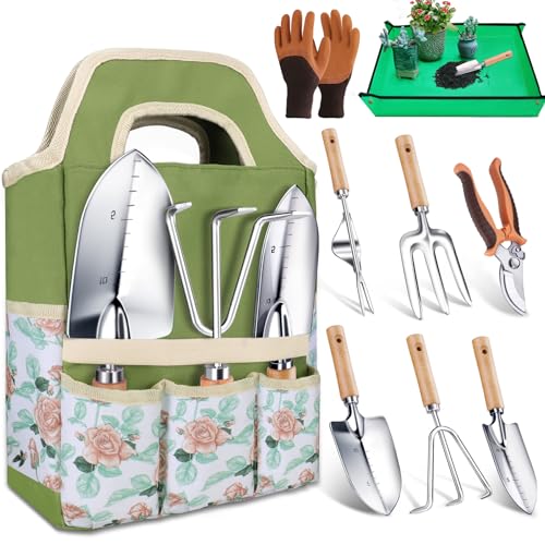 Kynup Garden Tools Set with Storage Bag, Heavy-Duty Gardening Kit for Women Stainless Steel Set (9 Piece)