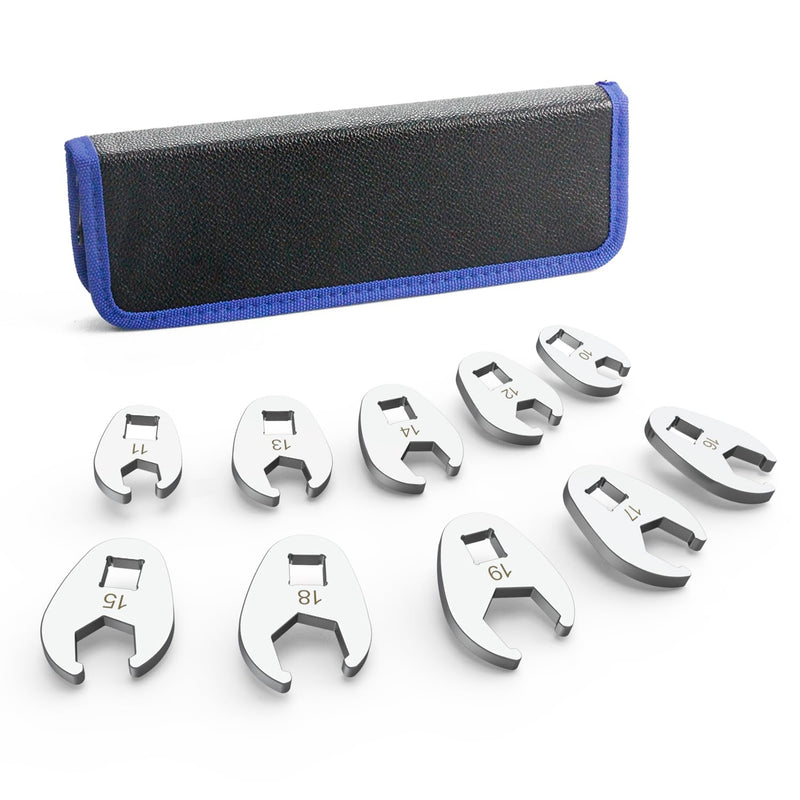 3/8" Drive Flare Nut Crowfoot Wrench Set, 10 Piece Cr-V Steel + Ni-Cr Plating 5 Point Grip Flare Nut Crow Foot Tool Set, Metric 10-19mm Crows Feet Wrench Set with Storage Pouch for Home Car Repair Flare Nut - Metric