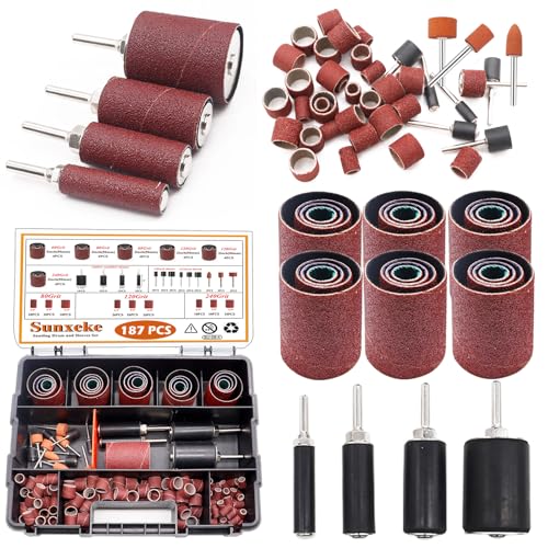 187-Piece Sanding Drum Kit for Drill & Drill Press – Includes 2inch Spindle Sander Sleeves (60/80/120/240 Grit), 4 Rubber Sanding Drums, 1/4-Inch Shank,Versatile Sander Accessory with Box