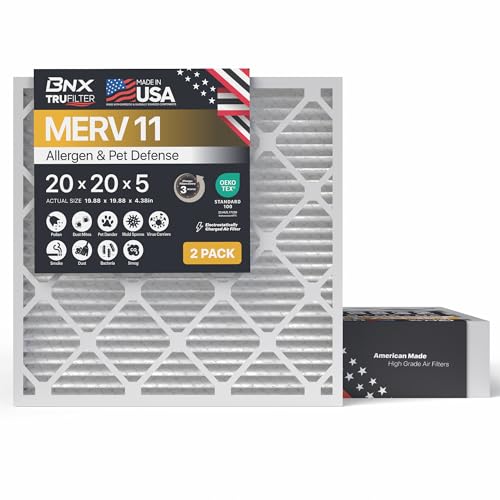 BNX TruFilter 20x20x5 (19.88’’ x 19.88’’ x 4.38‘’ Honeywell Compatible 4”) MERV 11 Air Filter (2-Pack) - MADE IN USA - HVAC AC Furnace Filters Health, Allergies, Mold, Bacteria, Smoke, MPR 1200 FPR 7 20x20x5 2-Pack (Honeywell Compatible)