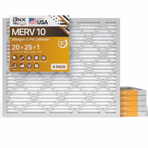 BNX TruFilter 20x25x1 MERV 10 (6-Pack) AC Furnace Air Filter - MADE IN USA - Pleated Air Conditioner HVAC AC Furnace Filters - Removes Odor, Mold, Bacteria, Smoke 20x25x1 6-Pack