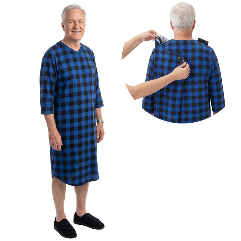 Silverts Men's Adaptive Open Back Flannel Gown, Assisted Dressing Nightgown | For elderly, nursing home & recovery wear, snap shoulders, warm cotton flannel Medium Blue Buffalo