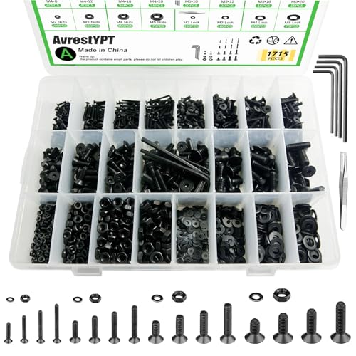 1715Pcs M2 M3 M4 M5 Screw Kit - 3D Printer Mini Screw, Allen Head/Flat Head/Countersunk Bolt/Screws, Metric Bolts Assortment, Black Nuts and Bolts for Mechanical Hardware M2/3/4/5-1715Pcs