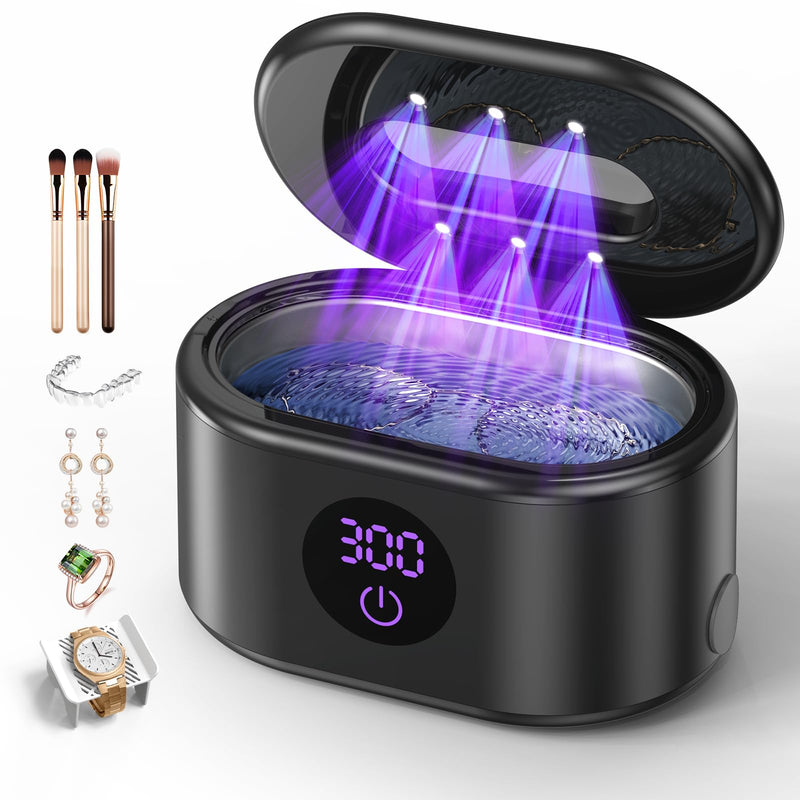 BYASKZIV Ultrasonic Jewelry Cleaner, 48KHz Ultrasonic Cleaner Machine with 20oz 304 Stainless Steel Tank, Dual Modes & LED Display - for Jewelry, Eyeglasses, Watches, Dentures, Retainers & More-Black Black