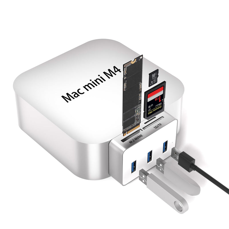 USB C Hub for Mac mini M4/M4 Pro with M.2 Nvme SSD Enclosure, 6 in 1 Mac mini M4 Dock with 3 * 5Gbps USB 3.0, SD/TF Car Slot, Mac mini M4 Nvme Adapter Fits 2230/2242/2260/2280