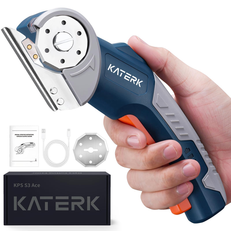 Electric Box Cutter, Katerk Cordless Electric Scissors with Safety Lock & LED Light, Cardboard Cutter, Ambidextrous Use, Rotary Cutter for Fabric, Leather, Plastic, Crafting Dark Blue