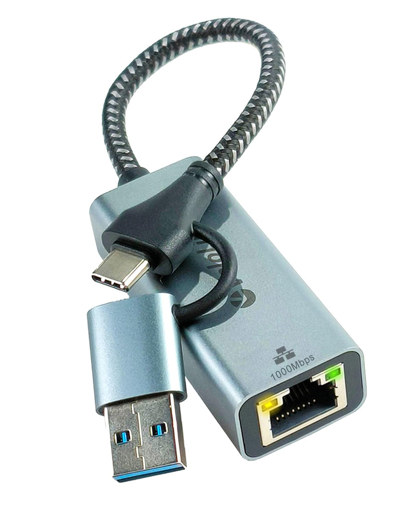 USB to Ethernet Adapter, 1Gbps USB C to RJ45 Gigabit LAN, 2-in-1 Ethernet Adapter for Laptop (Thunderbolt 4/3 Compatible), Aluminium Shell&Nylon Cable for Laptop, MacBook,Chromebook,PC and More USB A +C to 1Gb Network