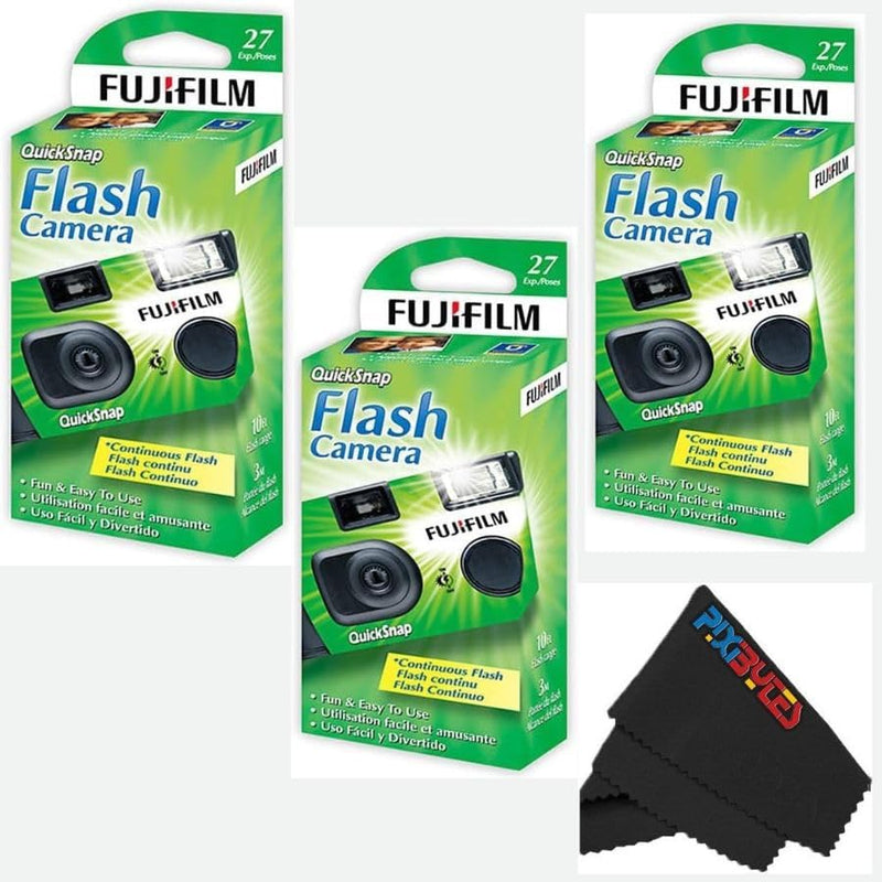 Fujifilm QuickSnap Flash 400 Disposable 35mm Camera with PixiBytes Microfiber Cleaning Cloth... (3 Packs (1 Twin /1 Single Pack)) 3 Packs (1 Twin /1 Single Pack)