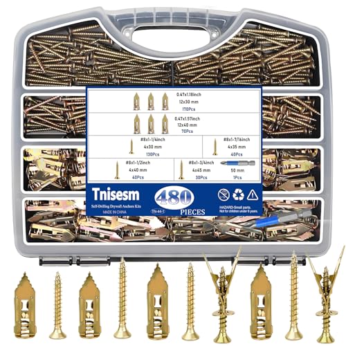 Tnisesm 480Pcs Self-Drilling Drywall Anchors with Screws, 2025 Upgraded Zinc Plated Steel for Heavy Duty, Metal Screw Anchors Kit, No Drill and Holes in Wall (4 Sizes) 480PCS-4SIZES