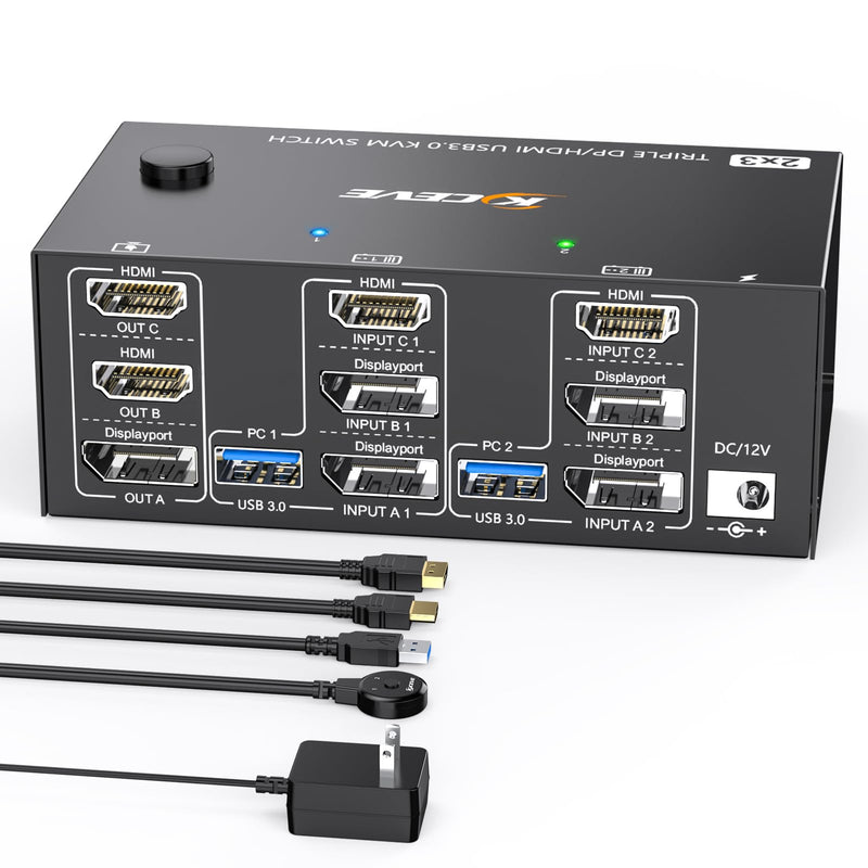 HDMI Displayport KVM Switch8K@60Hz/4K@144Hz,Triple Monitors KVM Switch for 2 Computers Share 3 Monitors and 4 USB3.0 Devices,with Wired Remote,and USB Cables Included 8K60Hz KVM Switch 2 IN 3 OUT