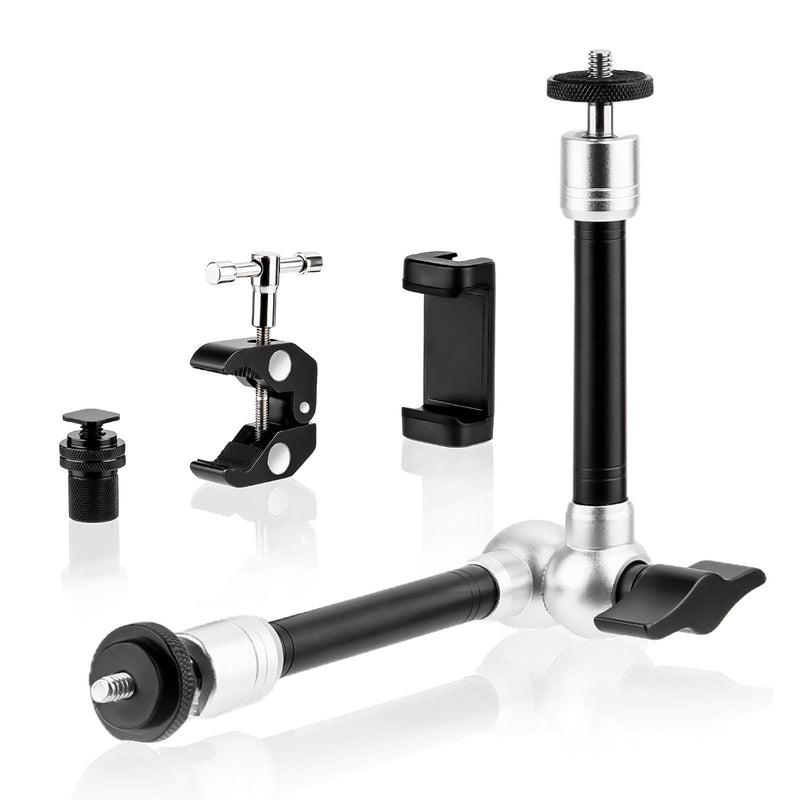 BRDRC Magic Arm Clamp Mount, 9.8" Articulating Extension Arm with 1/4" and 3/8" Thread, with Cold Hot Shoe Adapter, Phone Holder for Tripod DSLR Camera Cage LCD Monitor LED Light Accessories