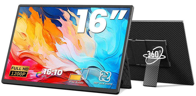16.1" Portable Monitor, 1200P FHD Laptop Screen Extender, 360° Rotating Detachable Stand, Plug&Play Dual Monitor, Ultra-Thin Zero Frame Portable Screen for Laptop/PC/Mac/Windows/PS5