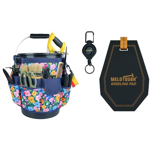 MELOTOUGH Bucket Caddy Organizer Bucket Tool Organizer for Garden Tools Fit 3.5 to 5 Gallon Bucket, Mini Kneeling Pads with Badge Reel for Work, 1" Thick Soft NBR Foam Kneeling Pad