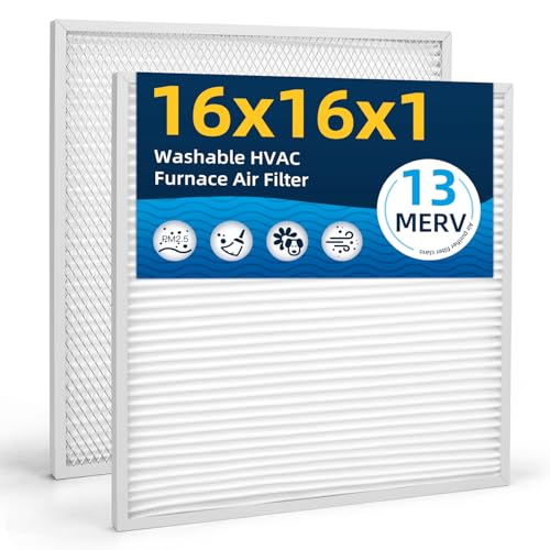 2 Pack 16x16x1 Reusable Electrostatic Washable MERV13 Aluminum HVAC Furnace Replacement Air Filter,Dust Defense Pleated Permanent, Actual Size:15.5 x 15.5 x 0.8 Inches 2
