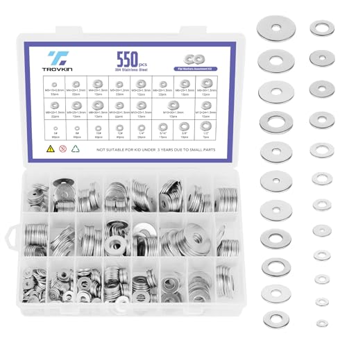 550 Pcs Fender Washers Assortment Kit, 304 Stainless Steel Flat Washers Set for Screws and Bolts, SAE and Metric Sizes M3-M12, #6-#12, 1/4" to 1/2", Heavy Duty Hardware for Industrial and DIY Projects Fender Washers-550Pcs