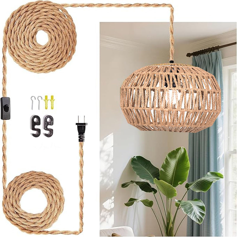 Hanging Light .Ceiling Lamp Pendant Lights Rattan Hanging Lamp with Plug in Cord for Living Room. Bedroom .Kitchen.Indoor Hanging Lamp Plug in Woven Lampshade (Brown-PX) Brown-PX