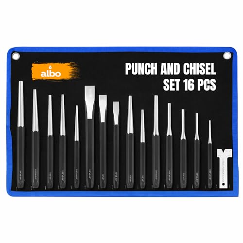 ALBO Punch and Chisel Set 16 PCS – Chrome Vanadium Steel Punch Set with Pin Punches, Center Punch & Chisels, Multi-Size Tool Kit with Storage Pouch for Automotive, Metal & DIY Projects Set 16pcs (Blue)