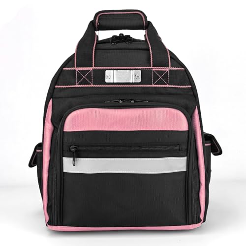 Men/Women Tool Bag Backpack, Heavy Duty Tool Backpack with Round Molded Base, 1680D Professional Level Durable Multi Pockets Tool Organizer for Electricians & Home Repair (Pink) Pink