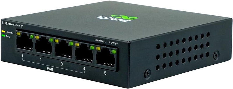 InHand ES220 Unmanaged Switch with One-Click VLAN | 5-Port Gigabit Ethernet Hub with 52W Power Output | Fanless Metal Case for Security Cameras, VoIP Phones & WiFi AP (5-Port Gigabit PoE Switch) 5-Port Gigabit PoE Switch