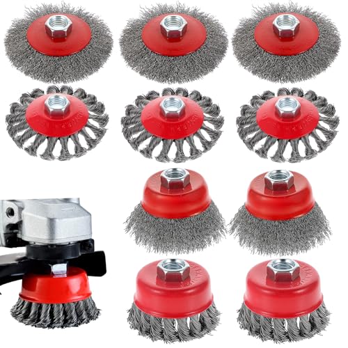 10-Pack Stainless Steel Wire Wheel & Cup Brush Set for 4-1/2" Angle Grinder - 4 & 3 Inch Knotted and Crimped Brushes with 5/8"-11 Threaded Arbor for Rust, Paint, Weld Removal
