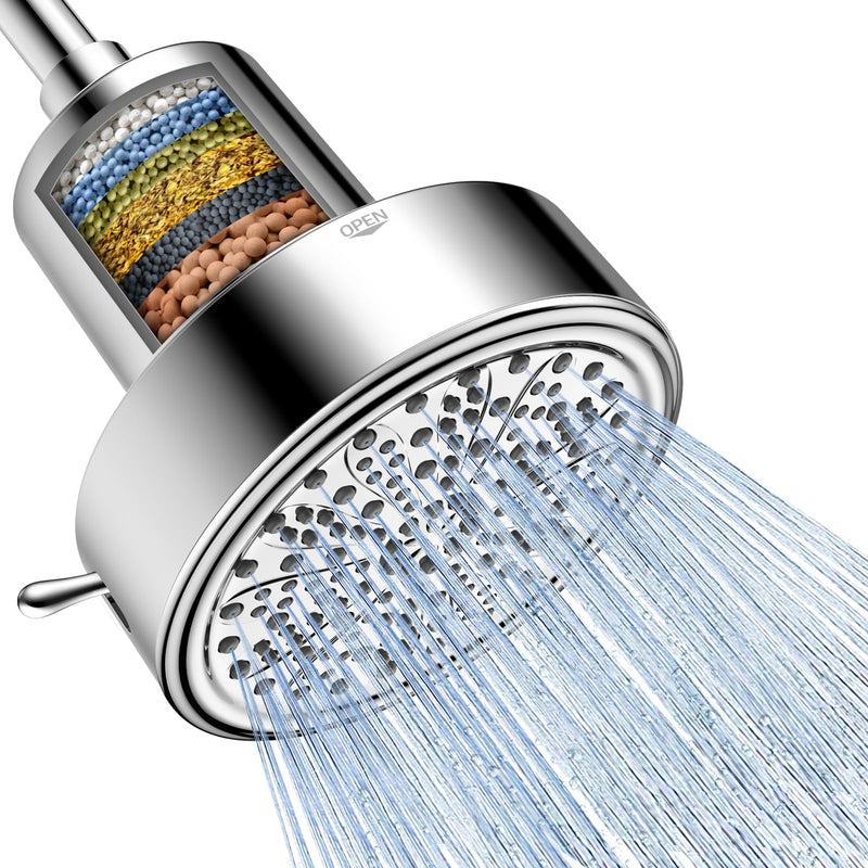 FEELSO Filtered Shower Head, High Pressure 6 Spray Modes Shower Head with Filters for Hard Water Remove Chlorine, Improves Skin & Hair, Rain Showerhead with One-Click Filter Change Design Chrome