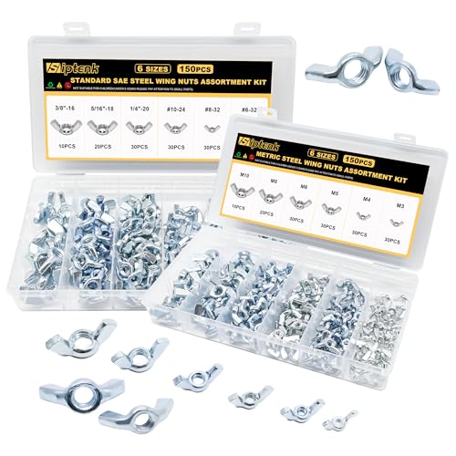 Siptenk 300PCS Metric & SAE Wing Nuts Assortment Kit M3-M12 6-32 to 3/8"-16 300 SAE & Metric