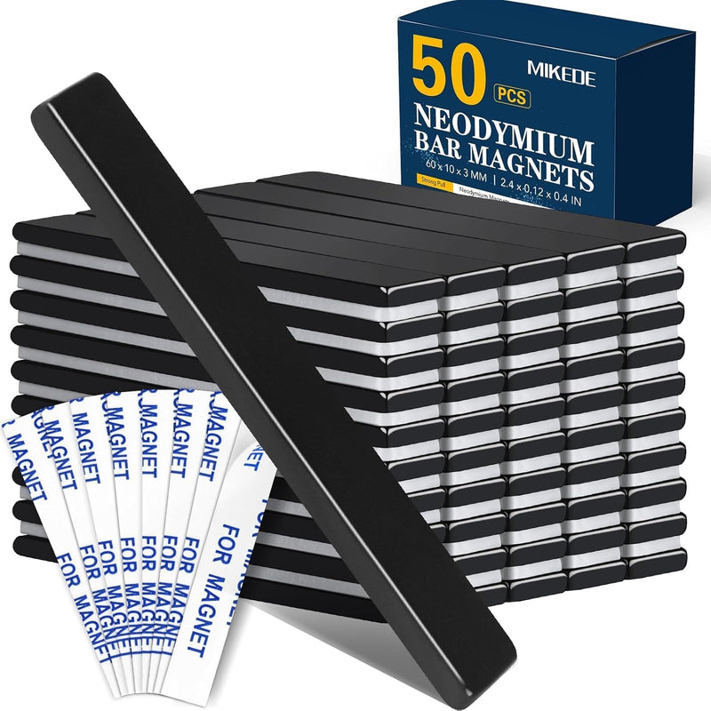 MIKEDE Small Bar Neodymium Magnets,Rectangular Rare Earth Magnet for Crafts, Heavy Duty for Science Experiments STEM Projects,Refrigerator, Tool Storage, Whiteboard, DIY,Black,60x10x3mm,50P 60x10x3 mm Black 50