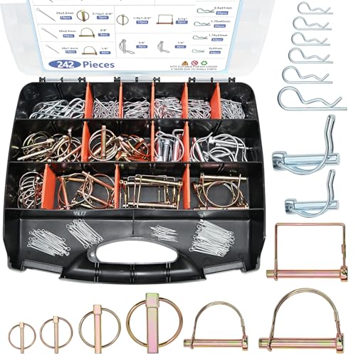 242 PCS Hitch Pins Assortment Kit – Heavy Duty R Clips, Cotter Pins, Lynch Pins & PTO Pins for Tractor, Trailer, Truck, Lawn Mowers, Farm Equipment, 3-Point Hitch Accessories