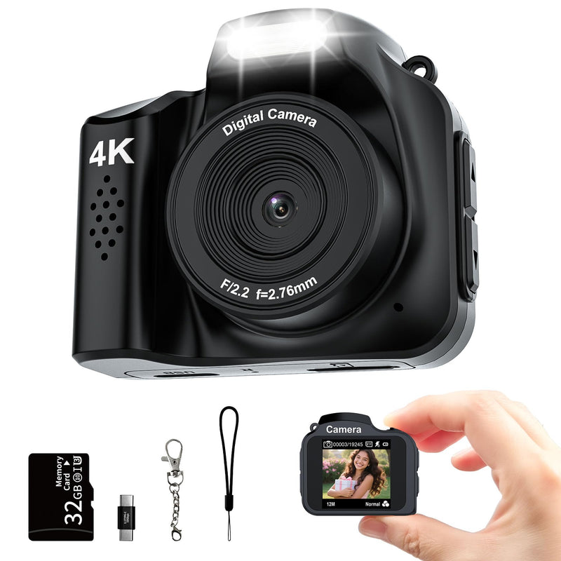 4K Mini Keychain Camera - Mini Digital Camera - Tiny Retro Pocket Size 16MP CMOS 1.54" Large LCD Screen Compact Size 32GB Included Travel Idea (Black) Black