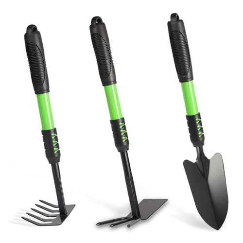 Gardening Tool, 3 Pack Lightweight Heavy Duty Spade Shovel, Garden Tools and Hand Rake with Soft Rubber Non-Slip Handle, for Gardenging Planting Weeding Digging, Green ﻿