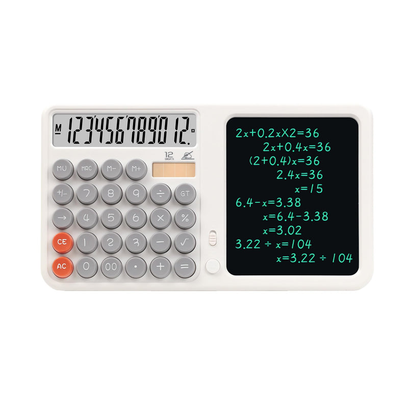 Dual Screen 12-Digit Desktop Calculator with Liquid Crystal Writing Tablet – Solar & Battery Powered Math Tool with Large Display for Office, Business & Study (White) White