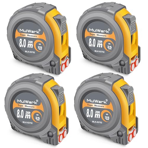 MulWark 4 Pack Metric Tape Measure, Easy Read Measuring Tape Retractable with Fractions 1/8, Both-Side Metal Blade, Magnetic Hook & Shockproof Case for Construction, Carpenter, Architect, Woodworking 26 ft Yellow-Grey