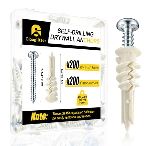 Glooglitter 400 Pcs #8 Self Drilling Drywall Anchors and Screws Kit 200 Expansion Anchor with Split
