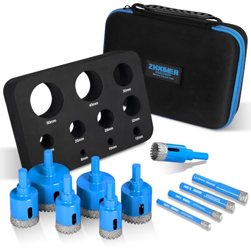 Diamond Hole Saw Tile Drill Bits Kit, 11 PCS Serrated Brazing Core Drill Bit Set with EVA Hole Saw Guide Jig, Hole Saw Sets for Ceramic, Glass, Tile, Marble, Granite, Gypsum K2-6/8/10/12/20/25/28/32/35/45/50 MM