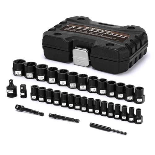 Mayouko Bolt Extractor Set, 34-Piece Bolt and Nut Remover Set, 1/4"&3/8" Drive Remover Tool with Adapters, CR-MO Steel Bolt Extractor Set for Removing Damaged Rusted Bolts, Nuts and Screws
