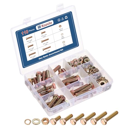 110 Pcs Bolts and Nuts Washers Kit-M10 Carbon Steel Hex Tap Bolt M10x25,30,35,40,45,50mm Yellow 110