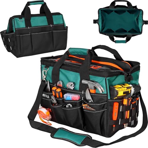 FamilyKit 17-Inch Heavy Duty Tool Bag for Men with 28 Multipurpose Pockets Black-Green Tool Bag