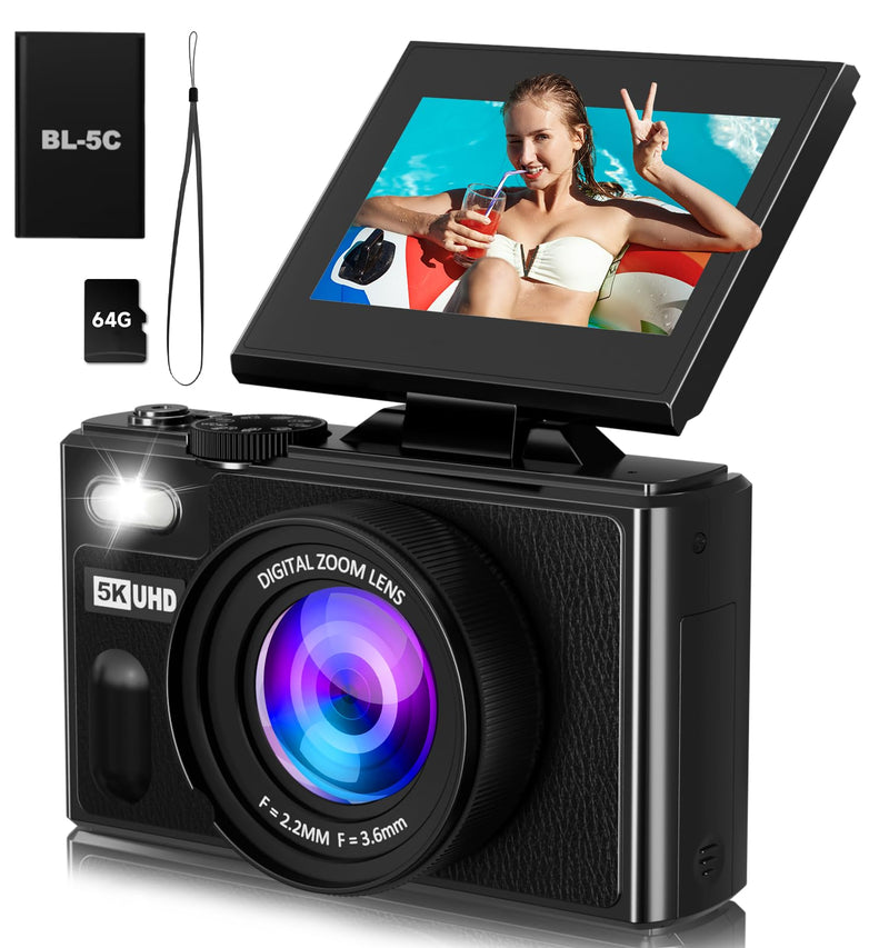 Digital Camera, 5K 80MP Travel Camera for Photography Compact Camera for YouTube with 3" 180° Flip Screen with 18X Zoom Autofocus Vlogging Camera with 64GB SD Card for Teens Beginner (Black) Black