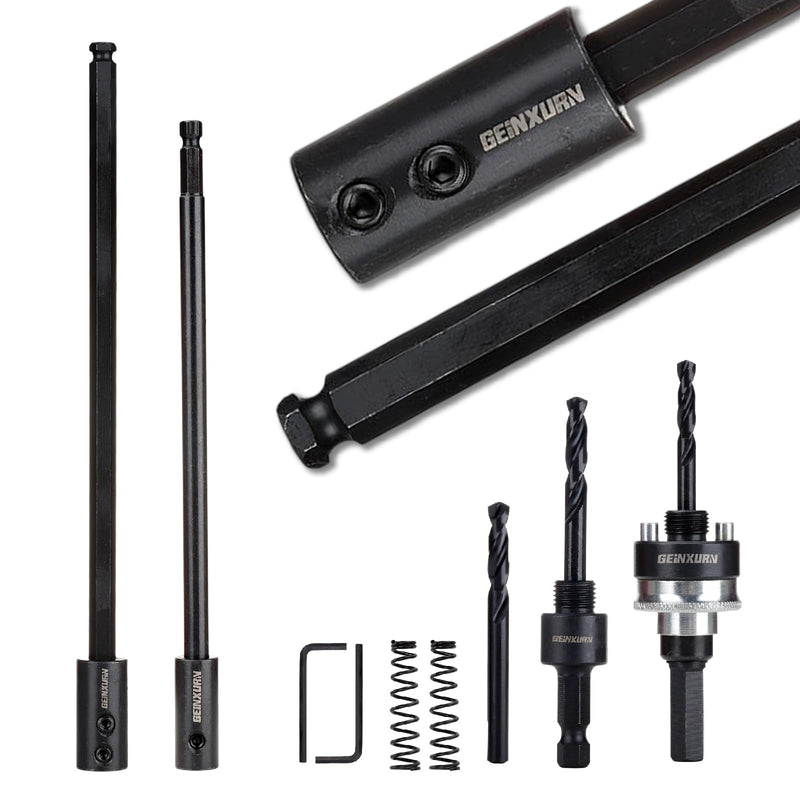 GEINXURN General Quick-Change Hole Saw Mandrel Kit, Includes 7/16-inch and 3/8-inch Arbor, 3 Pilot Drills, 2 hex Wrenches,Springs with 8“-3/8 inch and 10”-1/2 Inch Hex Shank Locking Impact Extension GHSM038LX2EC