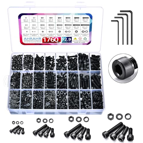 1760pcs M2 M3 M4 M5 Metric Screw Assortment, Grade 12.9 Alloy Steel Hex Socket Head Cap Bolts and Nuts Kit, Black Zinc Plated and Anti Rust Screw Set with 4 pcs Hex Wrenches Black-Hex Socket Head Cap 1760 Pcs